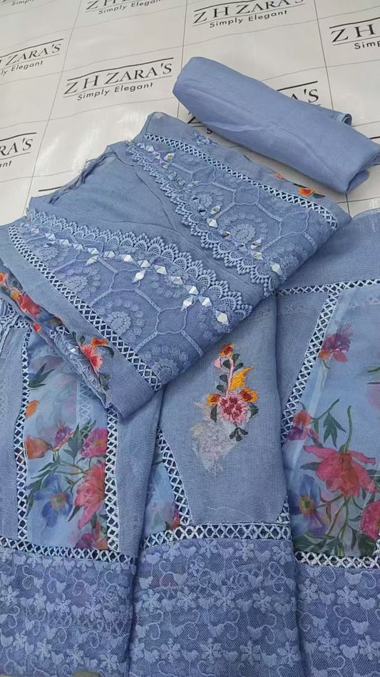Ice Blue Digital Embroidery 3pc