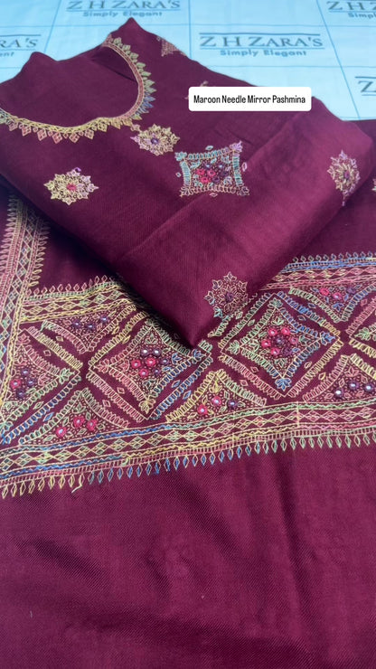 Maroon Needle Mirror Embroidery Pashmina 3pc