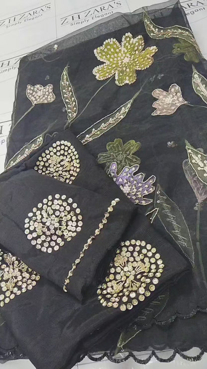 Black V2 Hand Embellished Hand Painted Cutwork 3pc
