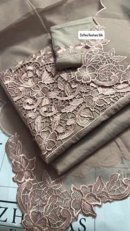 Coffee Resham Silk Cutwork 3pc