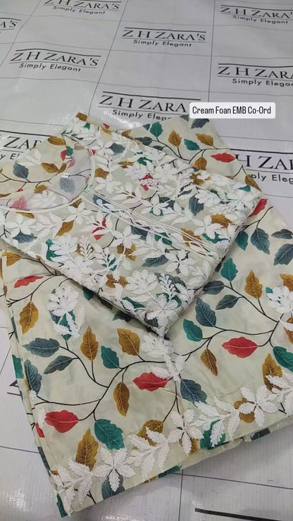 Cream Foan EMB Co-Ord Set Stitched
