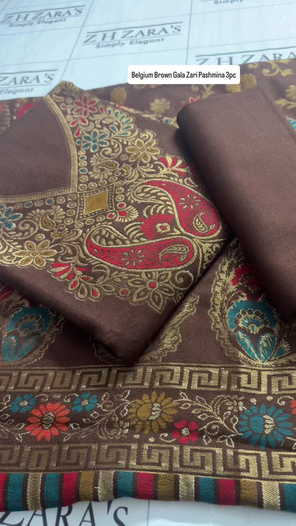 Belgian Brown Gala Zari Pashmina 3pc