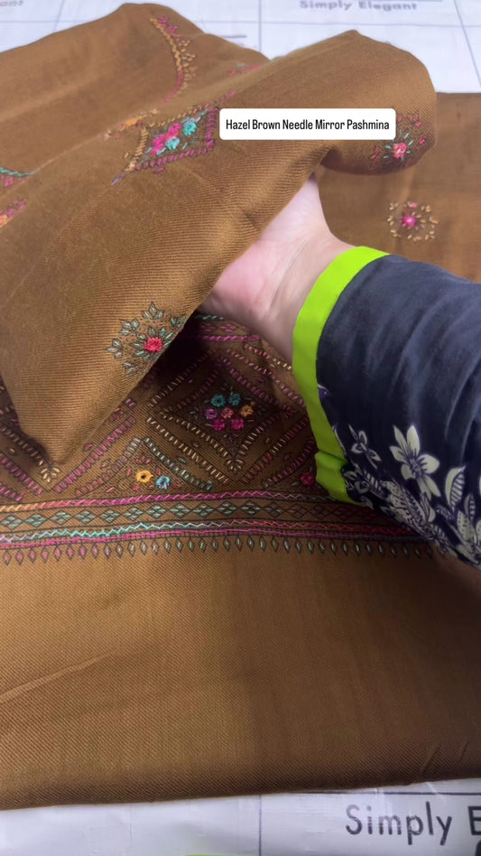 Hazel Brown Needle Mirror Embroidery Pashmina 3pc