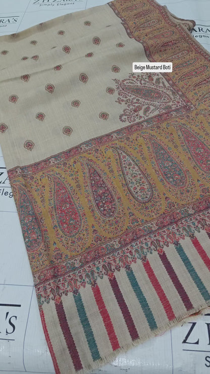 Beige Mustard Boti Kani Pashmina Shawl