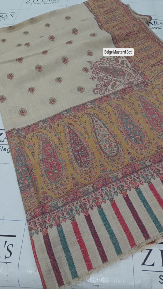 Beige Mustard Boti Kani Pashmina Shawl