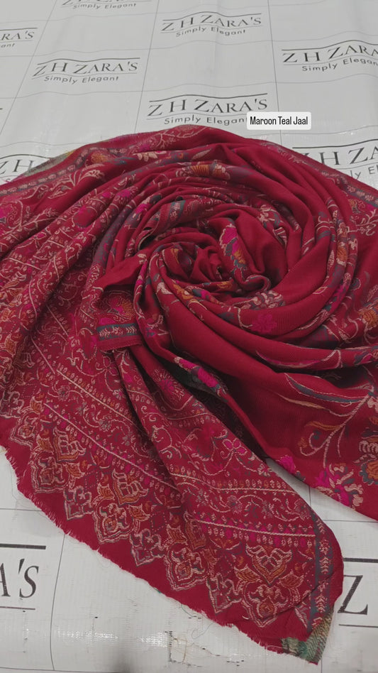 Maroon Teal Jaal Kani Pashmina Shawl