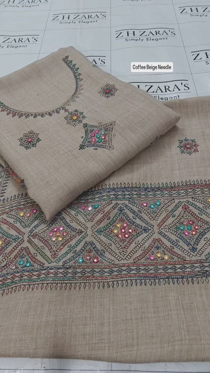 Coffee Beige Needle Embroidery Pashmina 3pc