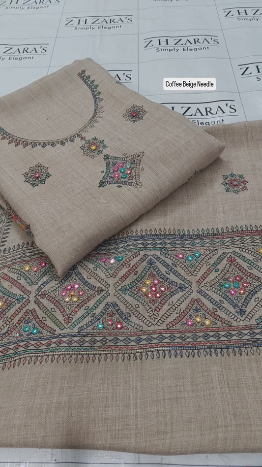 Coffee Beige Needle Embroidery Pashmina 3pc