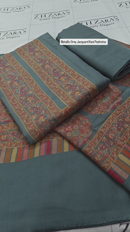 Metallic Grey Jacquard Kani Pashmina 3pc