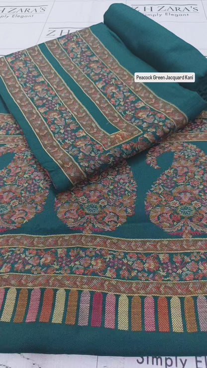 Emerald Peacock Green Jacquard Kani Pashmina 3pc