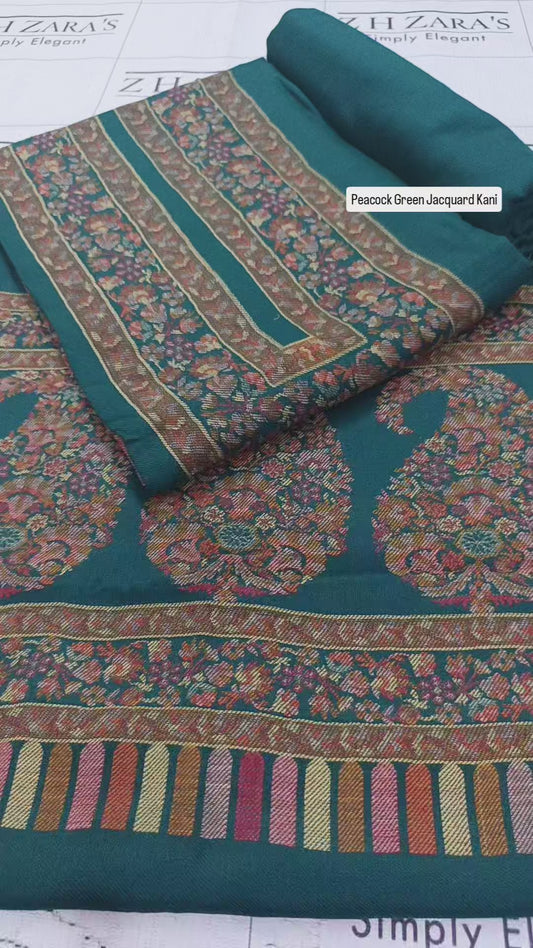 Emerald Peacock Green Jacquard Kani Pashmina 3pc