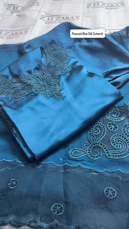 Peacock Blue Silk Cutwork 3pc