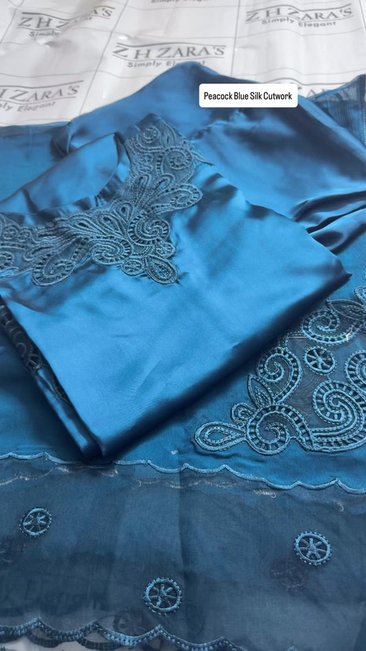 Peacock Blue Silk Cutwork 3pc