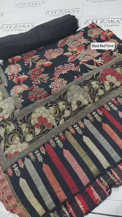 Black Red Floral Kani Pashmina 3pc