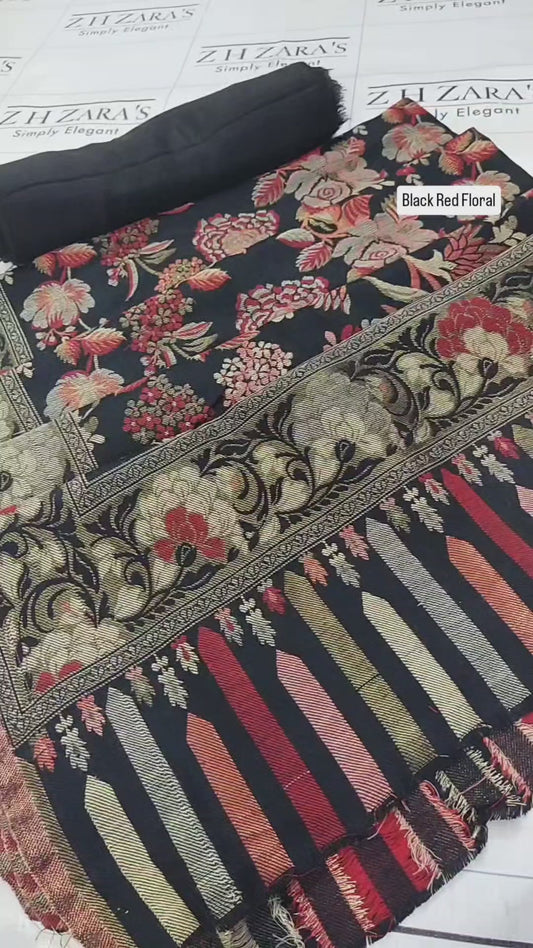Black Red Floral Kani Pashmina 3pc