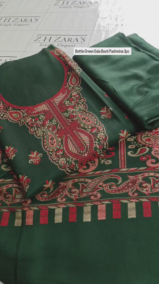 Bottle Green Gala Booti Pashmina 3pc