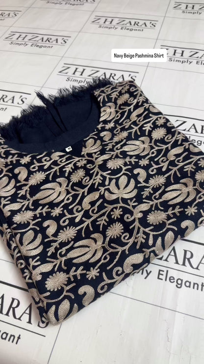 Navy Blue Beige Pashmina Kaftan Shirt