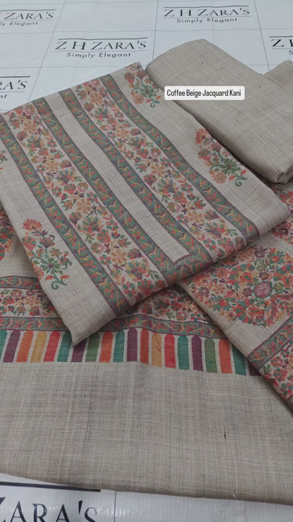 Coffee Beige Jacquard Kani Pashmina 3pc
