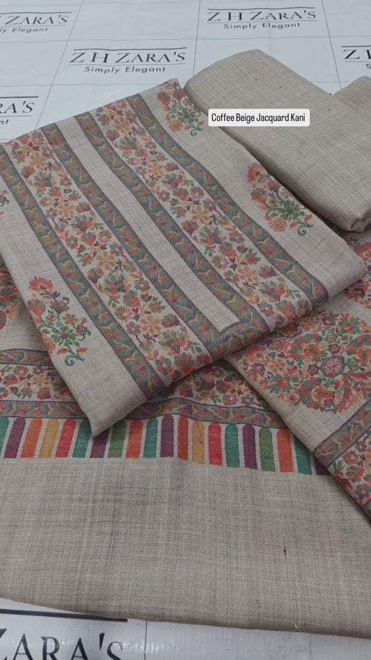 Coffee Beige Jacquard Kani Pashmina 3pc