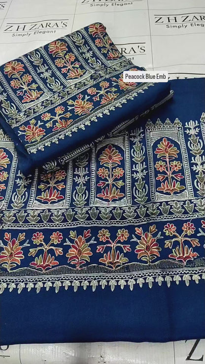 Embroidered Peacock Blue Pashmina 3pc
