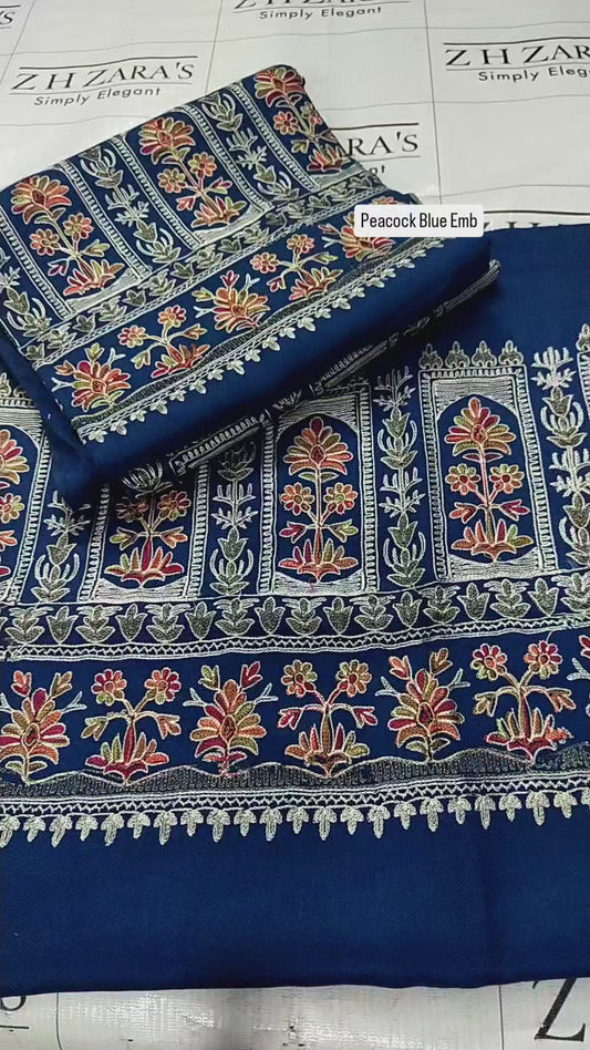 Embroidered Peacock Blue Pashmina 3pc