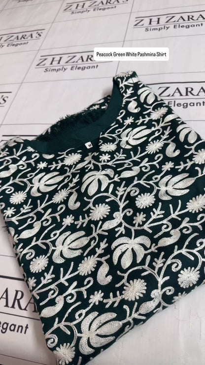 Peacock Green White Pashmina Kaftan Shirt