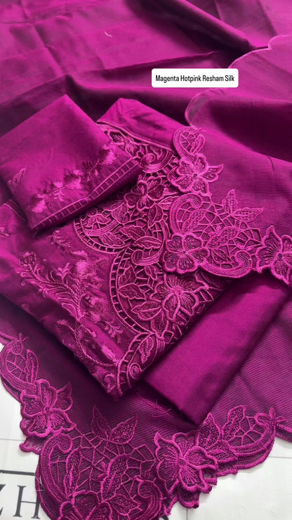 Magenta Resham Silk Cutwork 3pc