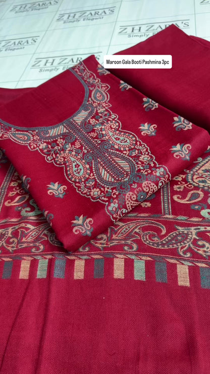 Maroon Gala Booti Pashmina 3pc