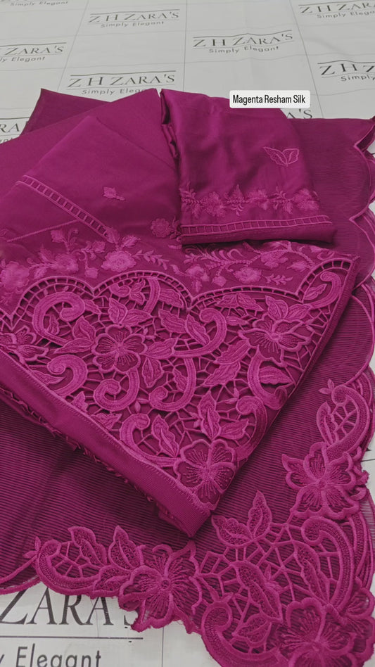 Magenta Resham Silk Cutwork 3pc