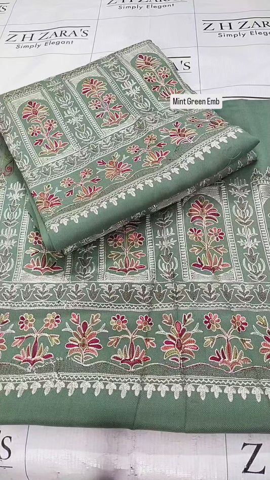 Embroidered Mint Green Pashmina 3pc