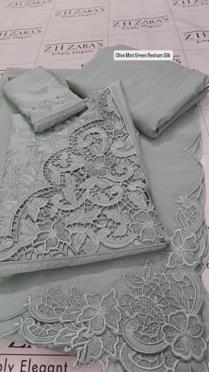 Olive Mint Green Resham Silk Cutwork 3pc