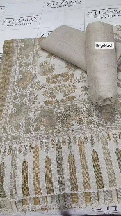 Beige Floral Kani Pashmina 3pc
