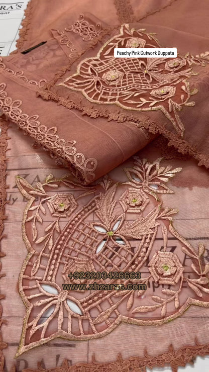 Peachy Pink Duppata Cutwork 2pc