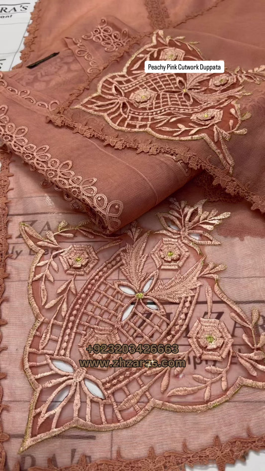 Peachy Pink Duppata Cutwork 2pc