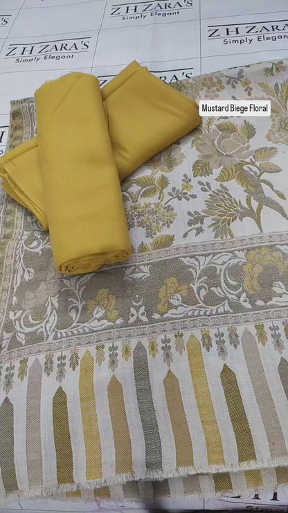 Mustard Beige Floral Kani Pashmina 3pc