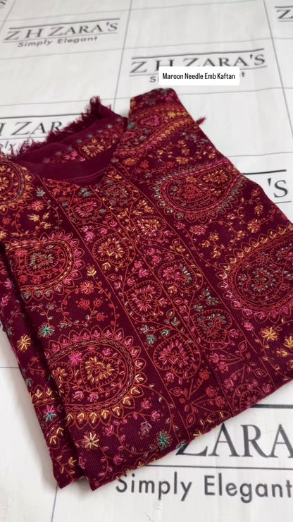 Maroon Needle Emb Pashmina Kaftan Shirt