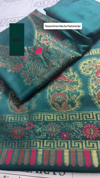 Peacock Green Gala Zari Pashmina 3pc