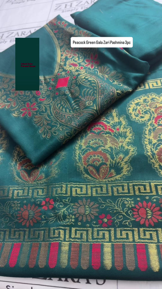 Peacock Green Gala Zari Pashmina 3pc
