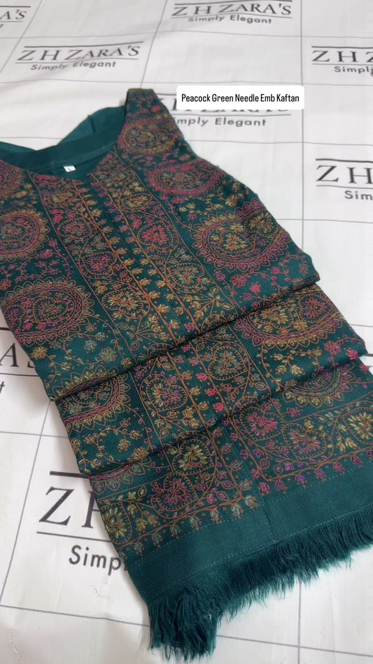 Peacock Green Needle Emb Pashmina Kaftan Shirt