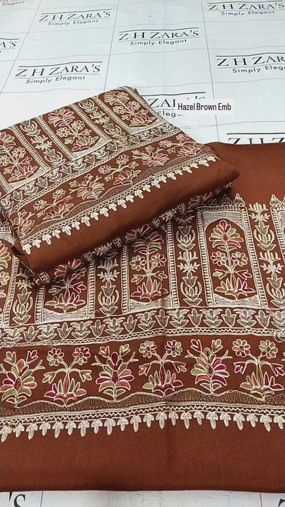 Embroidered Hazel Brown Pashmina 3pc