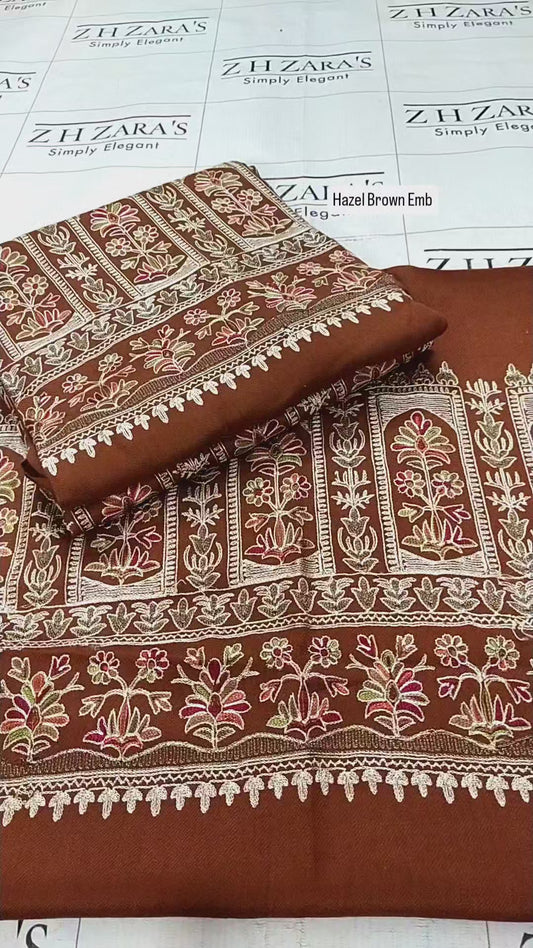Embroidered Hazel Brown Pashmina 3pc