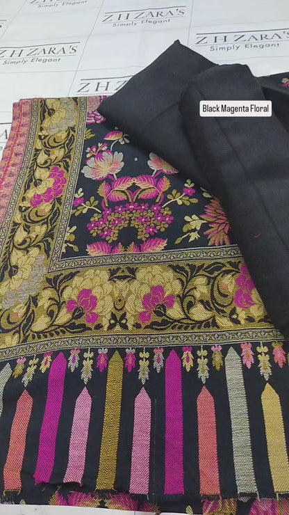 Black Magenta Floral Kani Pashmina 3pc