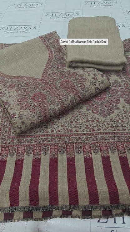 Camel Maroon Gala Double Kani Pashmina 3pc