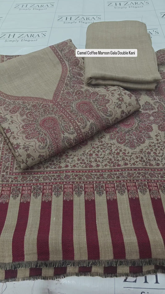 Camel Maroon Gala Double Kani Pashmina 3pc