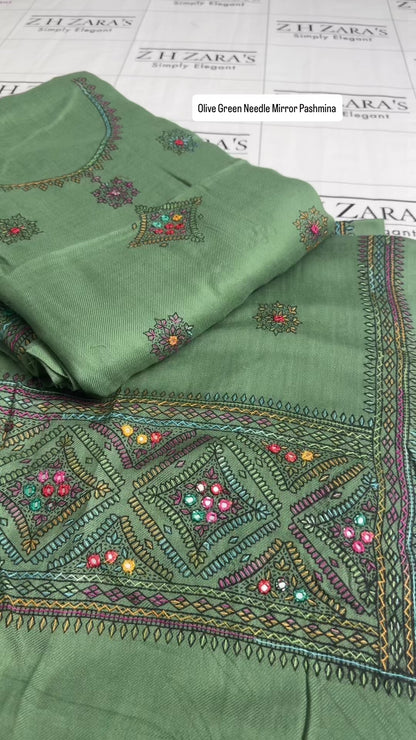 Olive Green Needle Mirror Embroidery Pashmina 3pc