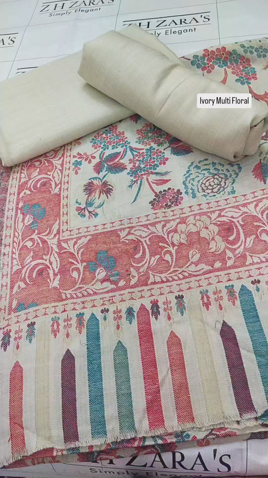 Ivory Multi Floral Kani Pashmina 3pc