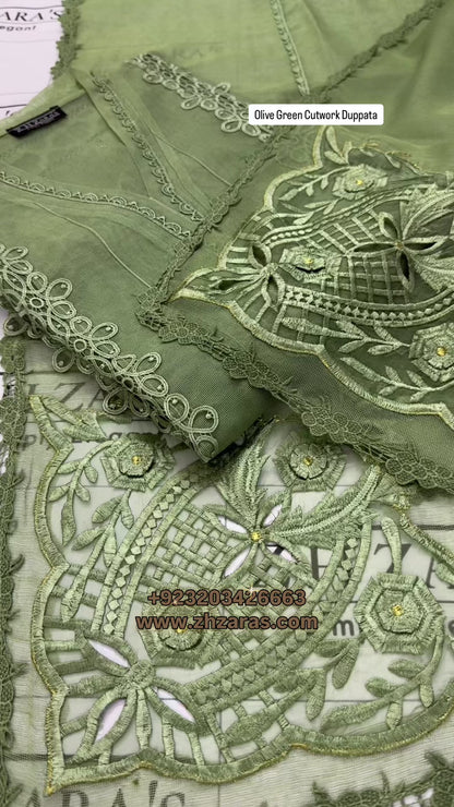 Olive Green Duppata Cutwork 2pc