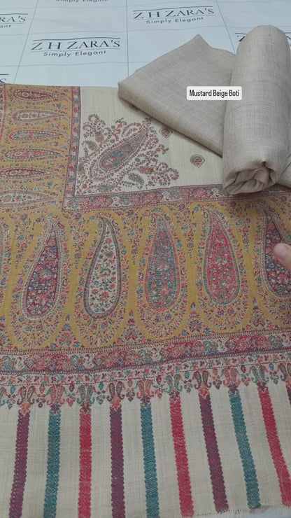 Mustard Beige Boti Pashmina Shawl & 3pc