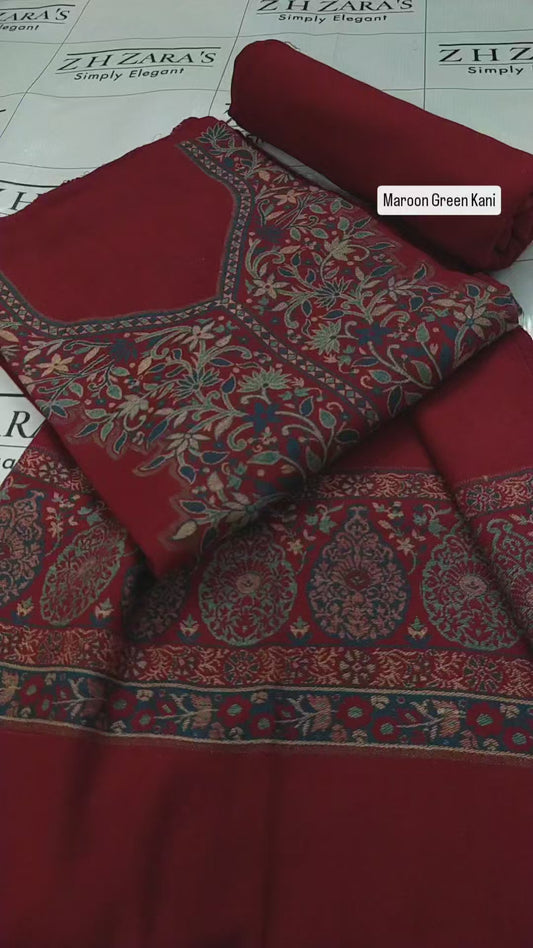 Maroon Green Kani Pashmina 3pc