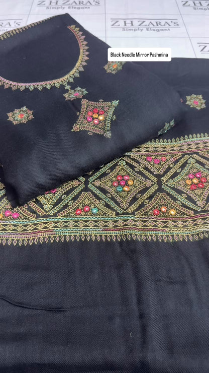 Black Needle Mirror Embroidery Pashmina 3pc